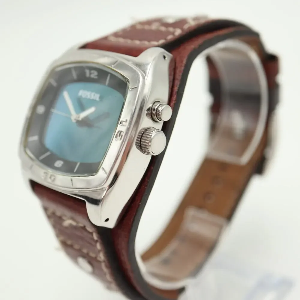 Fossil Kaleido Blue Silver Change 41mm Watch Brown Leather AM3695 w New Battery